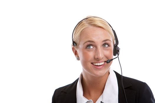 Beautiful young blond woman working as receptionist with headphone