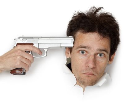 Man threatened with gun isolated on white background