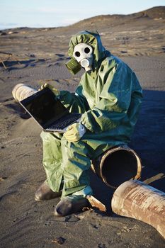 Scientist working with the computer in the infected areas
