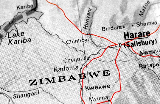 close-up map detail of Zimbabwe