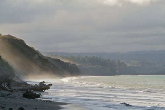 View of misty bluffs on the Juan de Fuca straights near Port Townsend