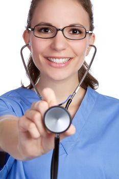 Beautiful smiling nurse holding stethoscope