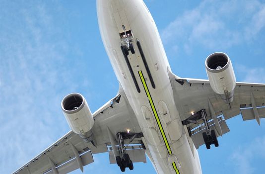 close-up of a large low flying jet aircraft