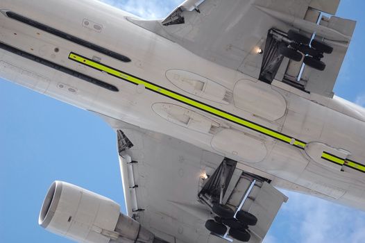 undercarriage close-up of a large jet aircraft