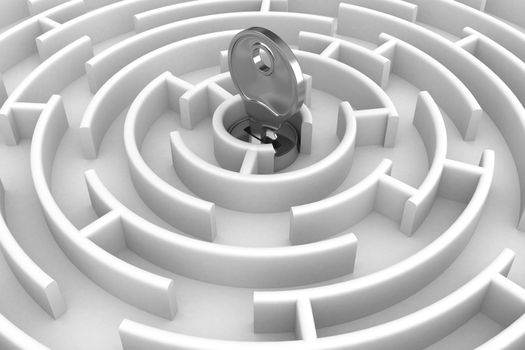 White circle labyrinth with key. 3D image