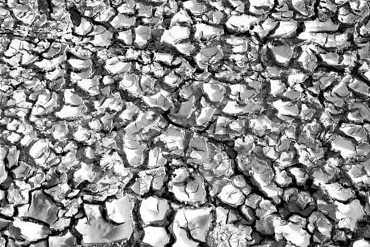 Dry soil covered with cracks. Black and white image