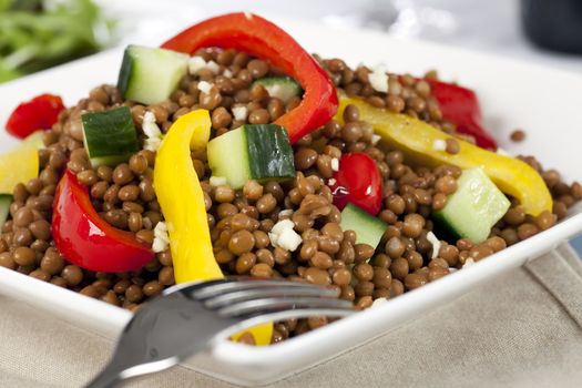 Close up of lentil salad with bell peppers and cucumber.