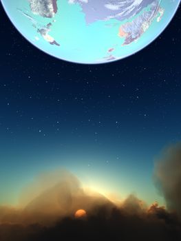 
A planet high above a cloudy sunset.