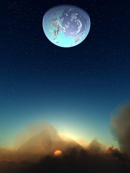 
A planet high above a cloudy sunset.