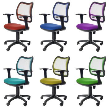 Colorfull collection of six office chairs with wheels. Isolated on white background