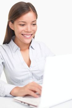 Computer woman smiling sitting chatting on labtop. 