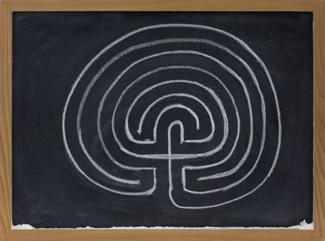 a classical seven ring labyrinth with dead end in the centre sketched with white chalk on blackboard 