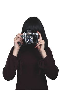 young girl with old film camera