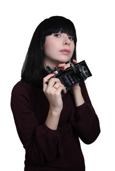 young girl with old film camera