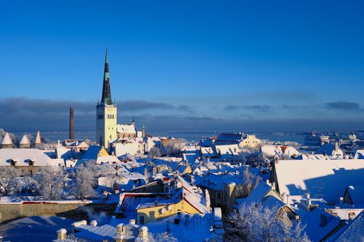 Panoramic view of the old town in the winter. Central Europe