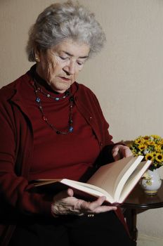 Old senior woman sitting on chair reading book
