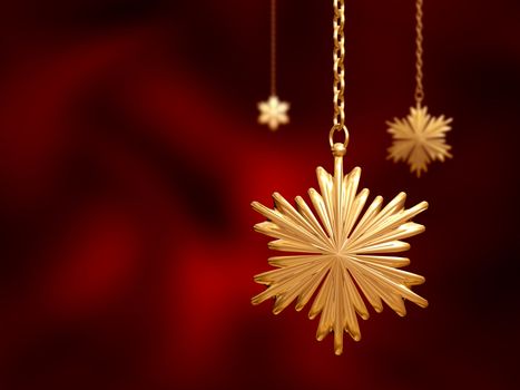 three golden christmas snowflakes over red background