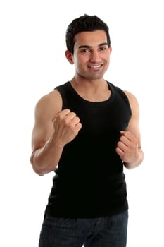 Adult man holding up two loose clenched fists and smiling.  White background.