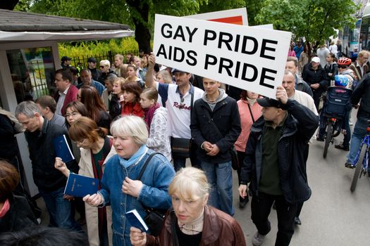 RIGA, LATVIA, MAY 16, 2009: Protestors against Baltic Gay Pride 2009