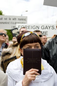 RIGA, LATVIA, MAY 16, 2009: Protestors against Baltic Gay Pride 2009