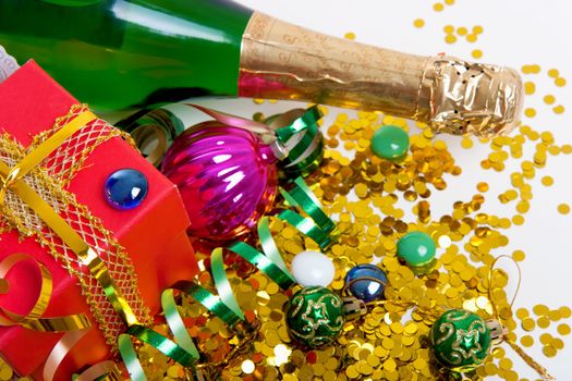 Christmas gift, decorations and champagne. Festive still life
