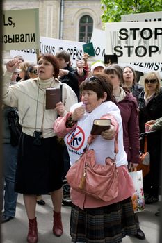 RIGA, LATVIA, MAY 16, 2009: Protestors against Baltic Gay Pride 2009