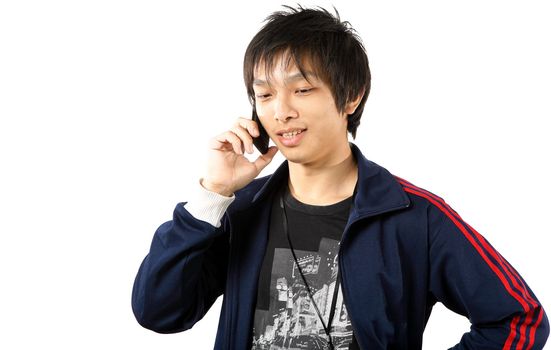 young casual man on the phone, isolated on white background