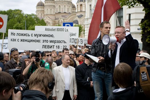 RIGA, LATVIA, MAY 16, 2009: Protestors against Baltic Gay Pride 2009