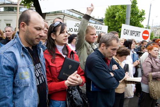 RIGA, LATVIA, MAY 16, 2009: Protestors against Baltic Gay Pride 2009