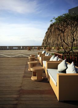 Restaurant open-air in Dreamland beach. Bali. Indonesia