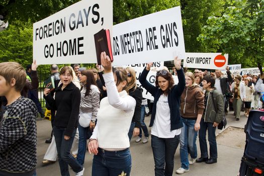 RIGA, LATVIA, MAY 9, 2009: Protestors against Baltic Gay Pride 2009