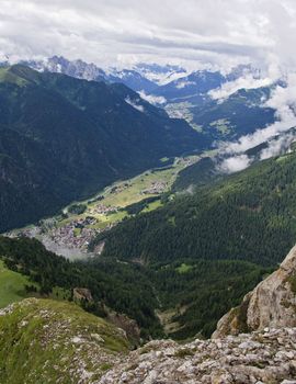 Fassa valley panorama from col Rodella in Trentino. italian Dolomiti