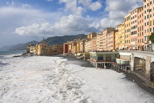 seaside and church in Camogli, italy