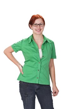 Image of a happy smilling redheaded girl against a white background.Shot with Canon 70-200mm f/2.8L IS USM
