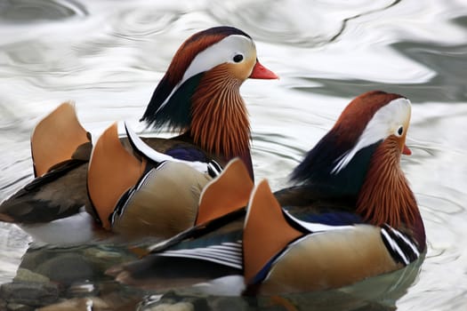 Two colorful mandarin ducks swimming close together in a lake