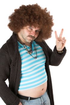 Old hippie with beerbelly holding up his fingers in peace sign