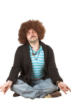 Overweight hippie in meditation pose