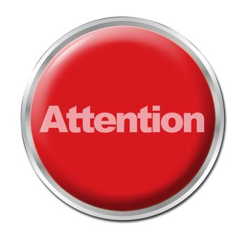 a round red button with a word Attention