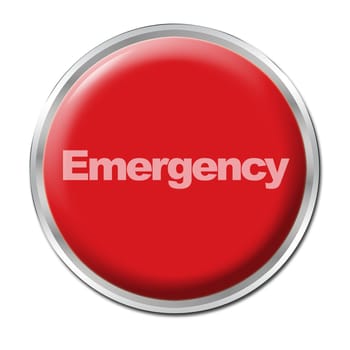 a round red button with a word Emergency