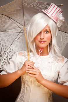 Pretty White Haired Woman Wearing Classic Dress with Parasol and Small Top Hat.