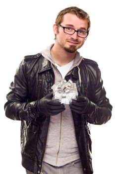 Warmly Dressed Handsome Young Man Holding Wrapped Gift Isolated on a White Background.