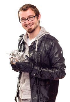 Warmly Dressed Handsome Young Man Holding Wrapped Gift Isolated on a White Background.