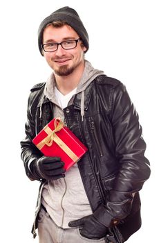 Warmly Dressed Handsome Young Man Holding Wrapped Gift Isolated on a White Background.