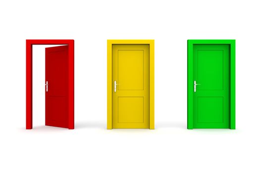 three doors in a a row - red, yellow, green - red door open