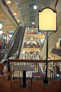 Queen Victoria Building interior, coffee table in foreground