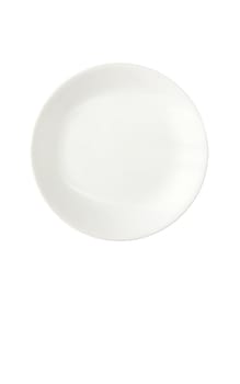 Crisp white porcelain dinner plate isolated on white background, vertical with copy space.