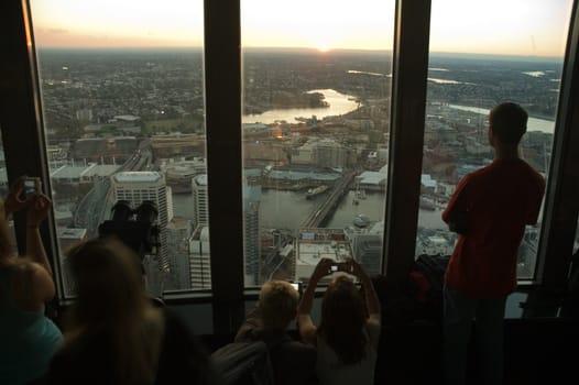 view from Sydney Tower, Darling Harbour and Anzac Bridge in background