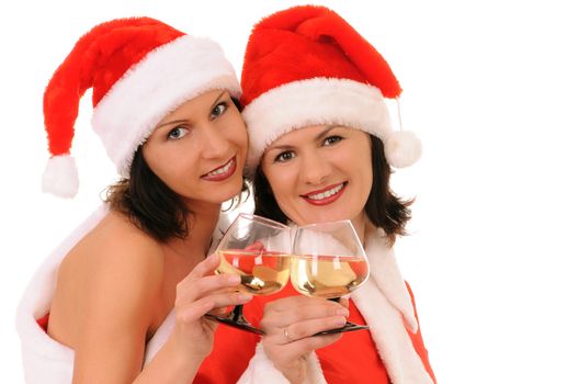 women santa with champagne isolated on white background