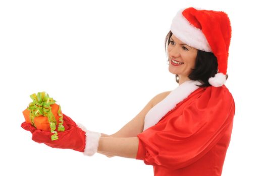 santa woman with gift isolated on white background