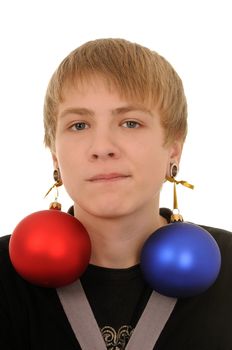 The teenager with christmas-tree decorations in ears isolated on white background